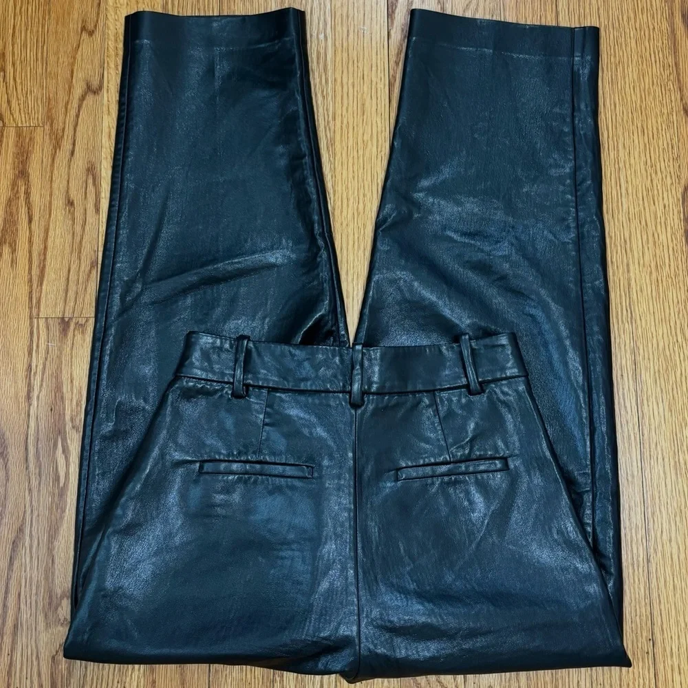 Wilfred preppy black soft faux leather high rise pleated straight leg crop pants
